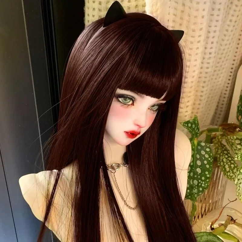 bjd Doll wig fits on 1/3 1/4 1/6 size dark brown high temperature silky fringe long straight hair wig hair set Doll accessories