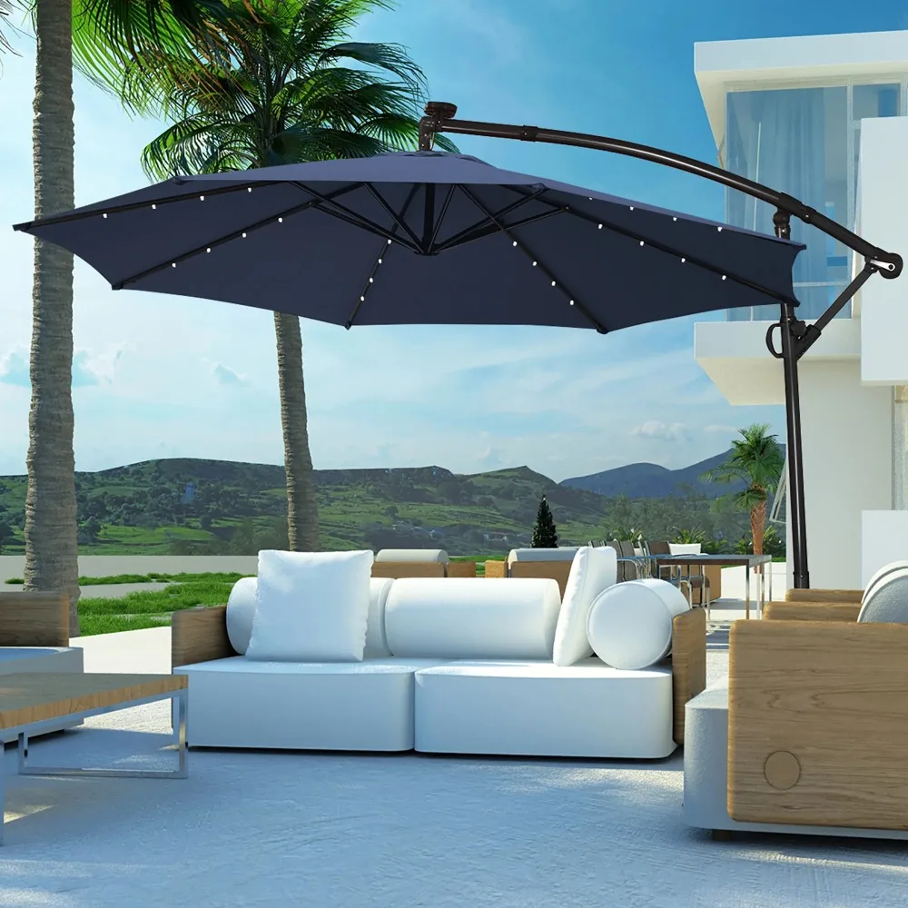 

10FT Patio Offset Umbrella Solar Powered LED 360Degree Rotation Aluminum Navy