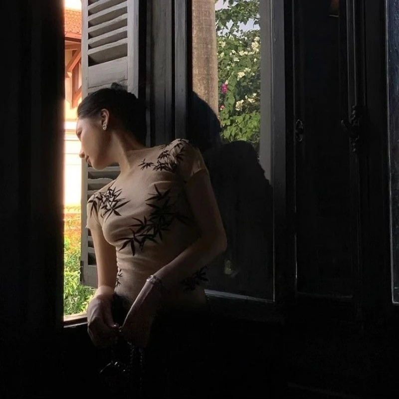 Vintage Harajuku Y2k Crop Tops Sexy Slim T-shirt Women Ink Print Short Sleeve Summer Design Mesh Elastic Short Top Streetwear