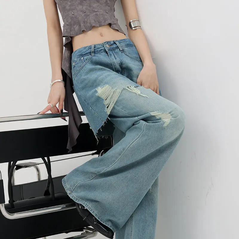 American Retro Oversized High Waist Jeans For Women Casual Baggy Y2K Wide Leg Pants Grunge Street Light Blue Denim Trouser