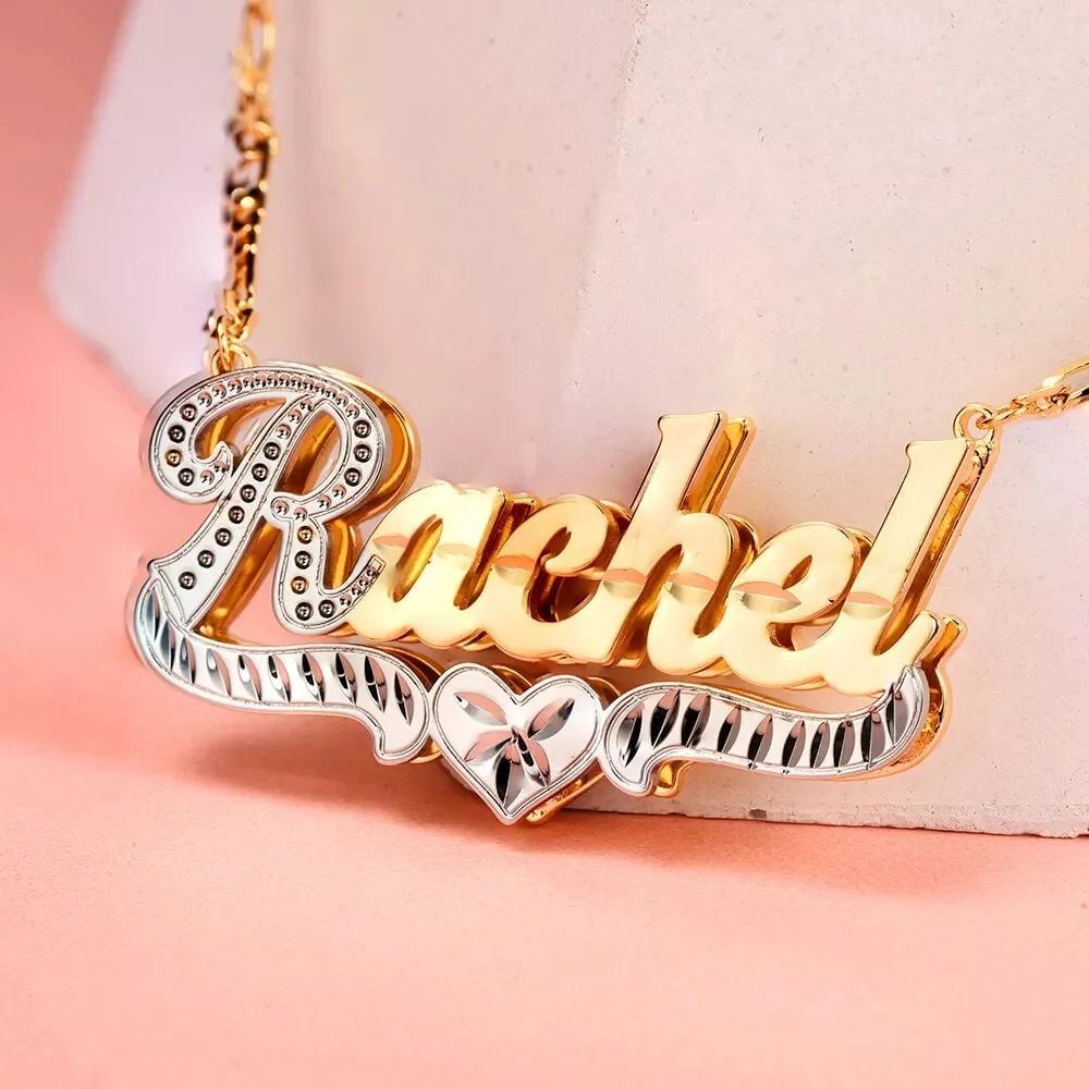 Double Layered Custom Name Necklace Personalized Nameplate Pendant 18K Gold Plated Two-Tone Necklaces Women Figaro Chain Gift