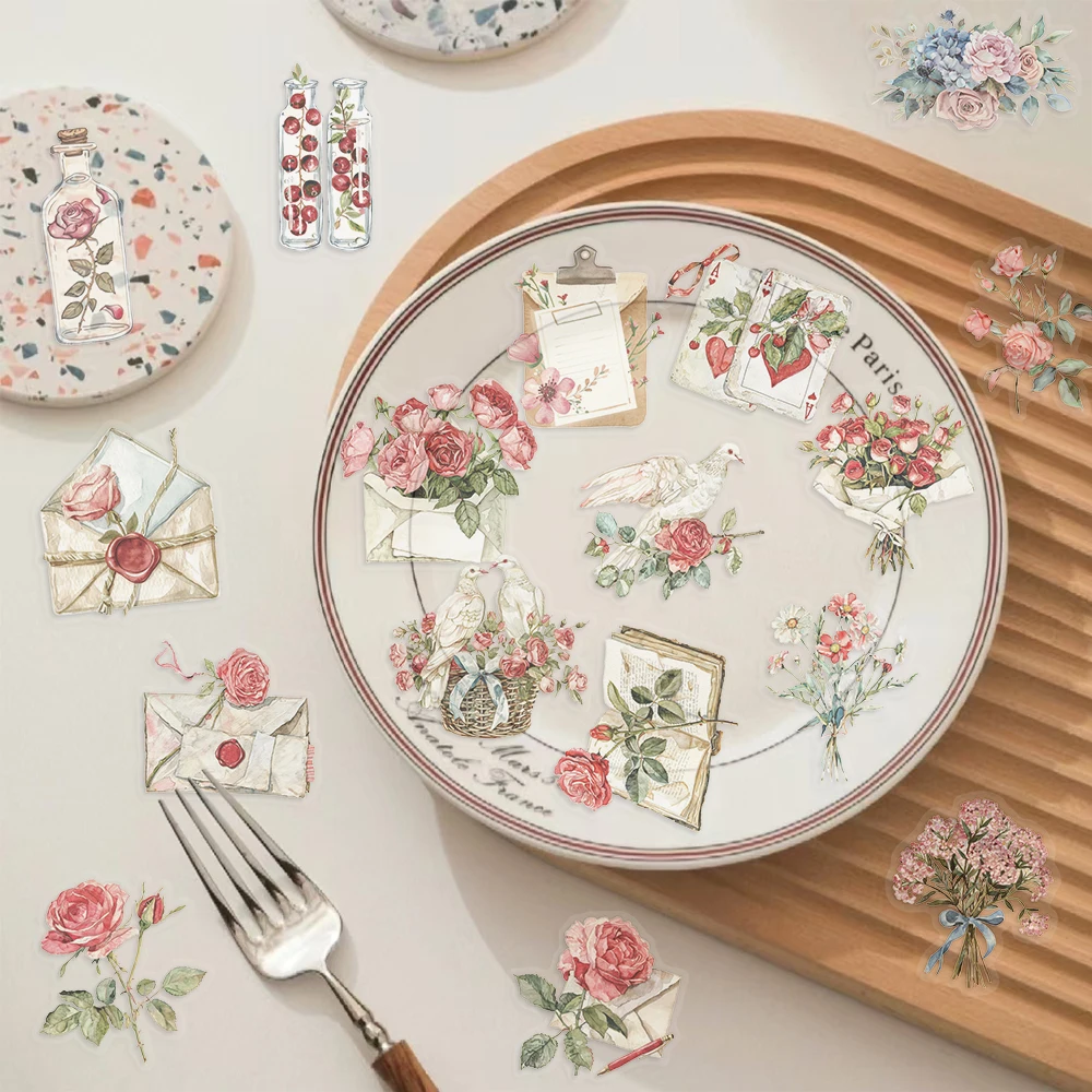 50 szt. Naklejek z kreskówkowymi kwiatami i literami, różowe róże, plastikowe naklejki dekoracyjne, materiały do prowadzenia ksiąg, dekoracyjne naklejki PET, wodoodporne.