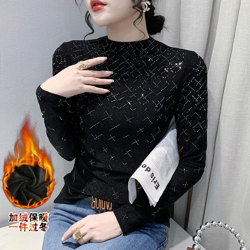 MadBlack European Clothes Tshirt Women Thicken Fleece Mock Neck Shiny Diamonds Slim Tops Long Sleeve Tees Autumn Winter T3N629JD