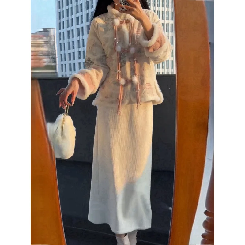 woman dress Chinese style new Chinese female spring 2024 new retro padded buckle jacket horse face skirt two-piece set penumbra