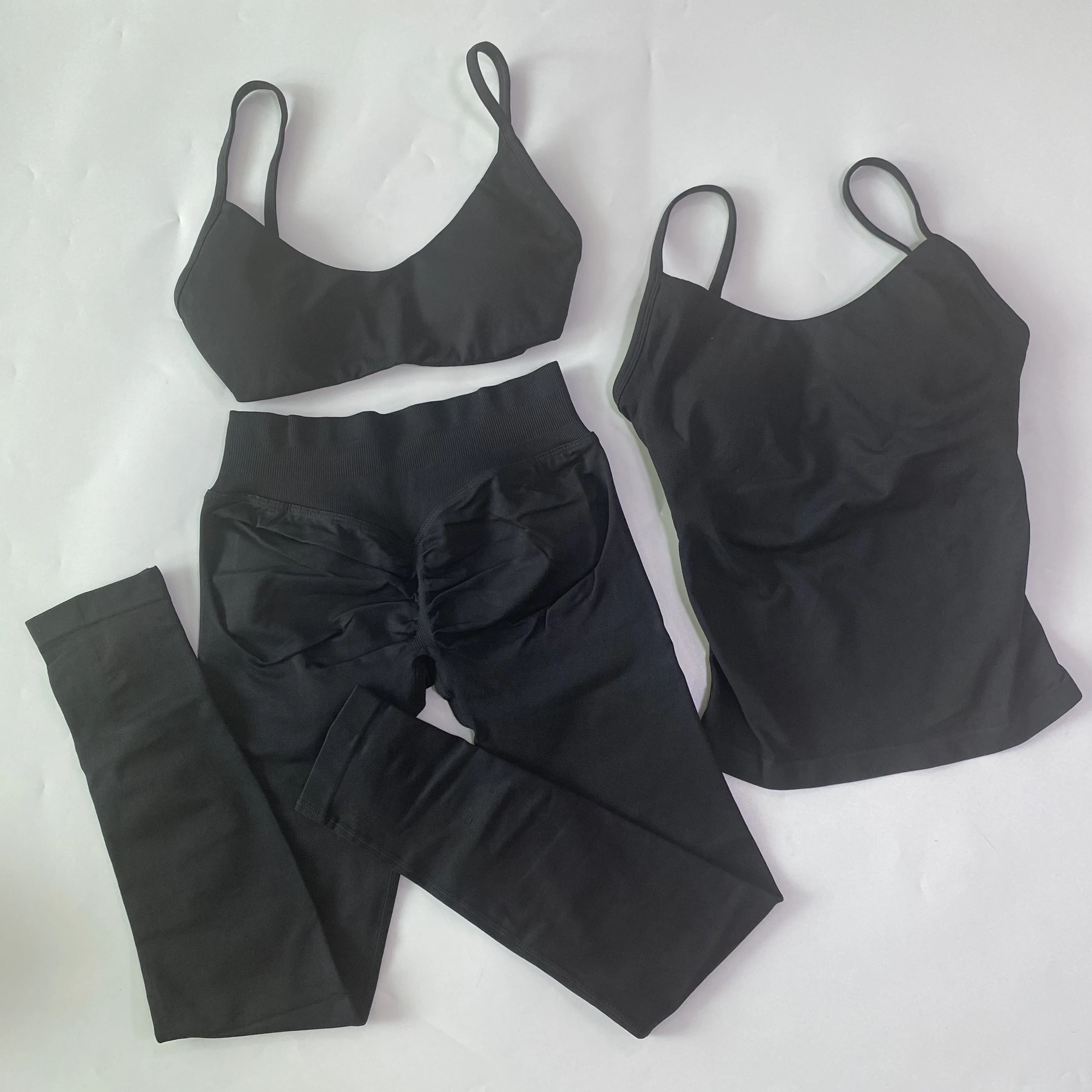 3-teiliges nahtloses Yoga-Set, Sport-BH, Top mit Rundhalsausschnitt, High-Waist-Leggings mit Po-Formung, Fitness-Workout-Sportanzug – Detail 11