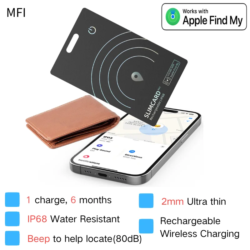 Wallet Tracker Tag for Apple IOS System, Anti-lost Reminder Device with MFI Rated, Smart Bluetooth Rechargable Card