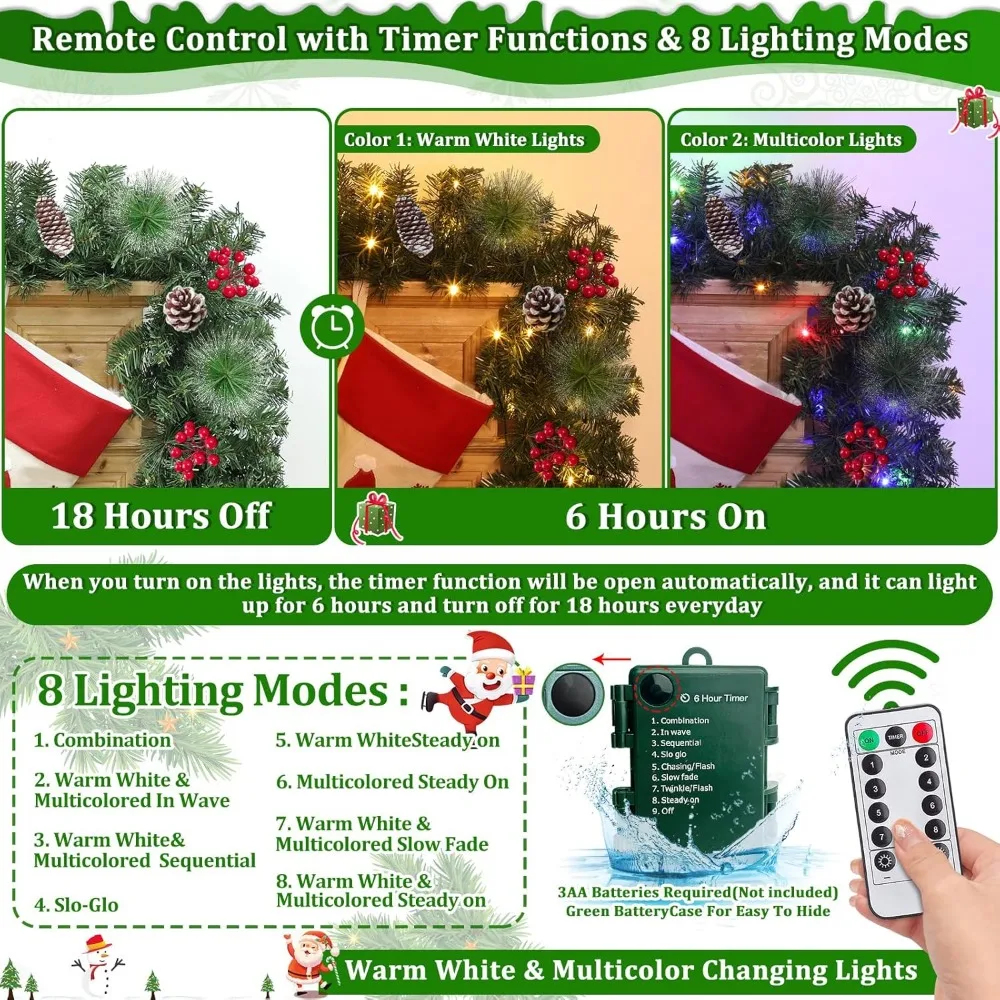 إكليل عيد الميلاد من Prelit بطول 18 قدمًا مع 100 مصباح أبيض دافئ وملون، ومؤقت 8 أوضاع، وفروع سميكة، و15000 فروع Ou #3