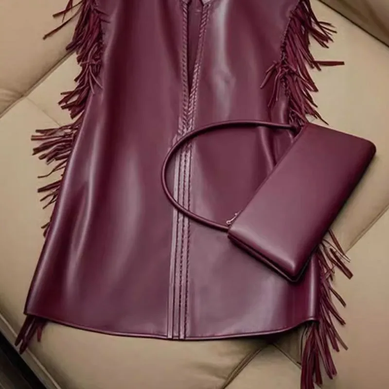Maillard Fashion Retro High Sense Ankola Red Fringed Leather Jacket Vest Women High Quality and High Appearance Level Jackets