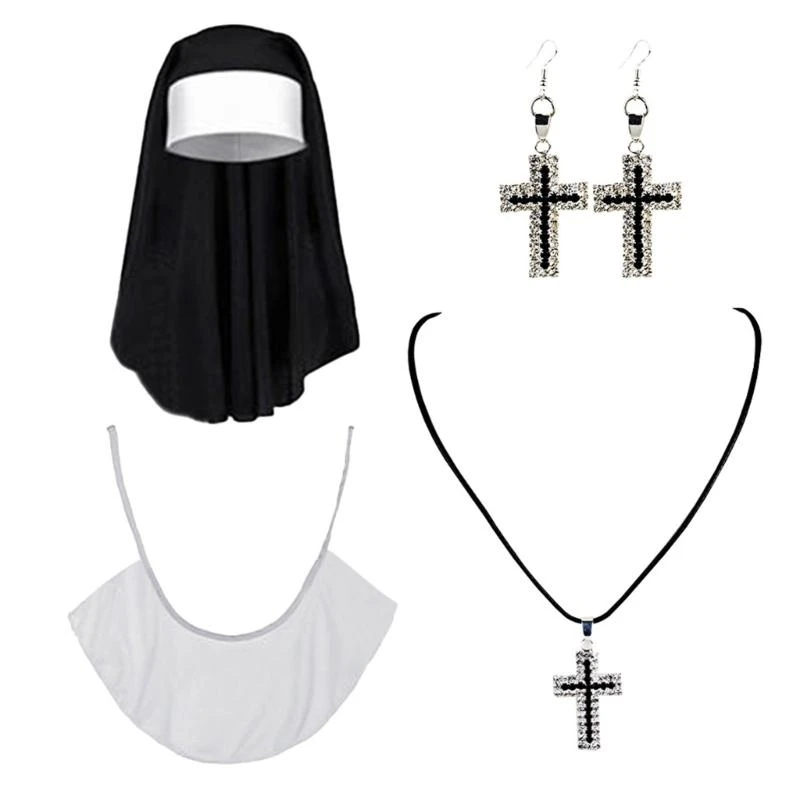 5asd แม่ชีเครื่องแต่งกายฮาโลวีนคอสเพลย์อุปกรณ์เสริม Headpiece ข้ามจี้สร้อยคอถุงน่องฮาโลวีนเครื่องแต่งกาย