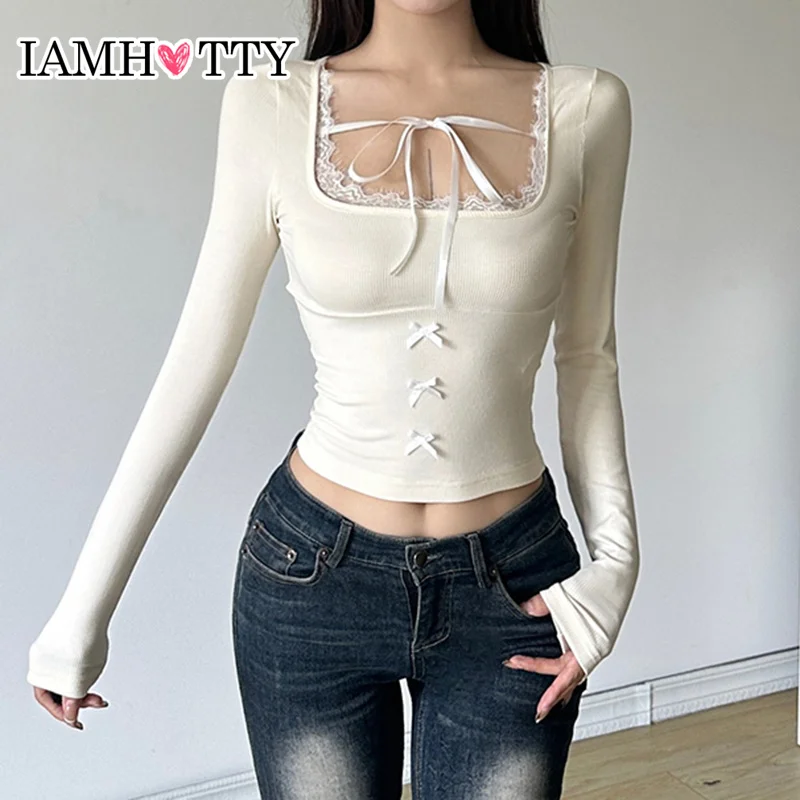 IAMHOTTY Kawaii Multi Bows Knitted Top Lolita Style Contrast Color Lace Patchwork Square Collar Knitwear Autumn Spring Tees Y2K