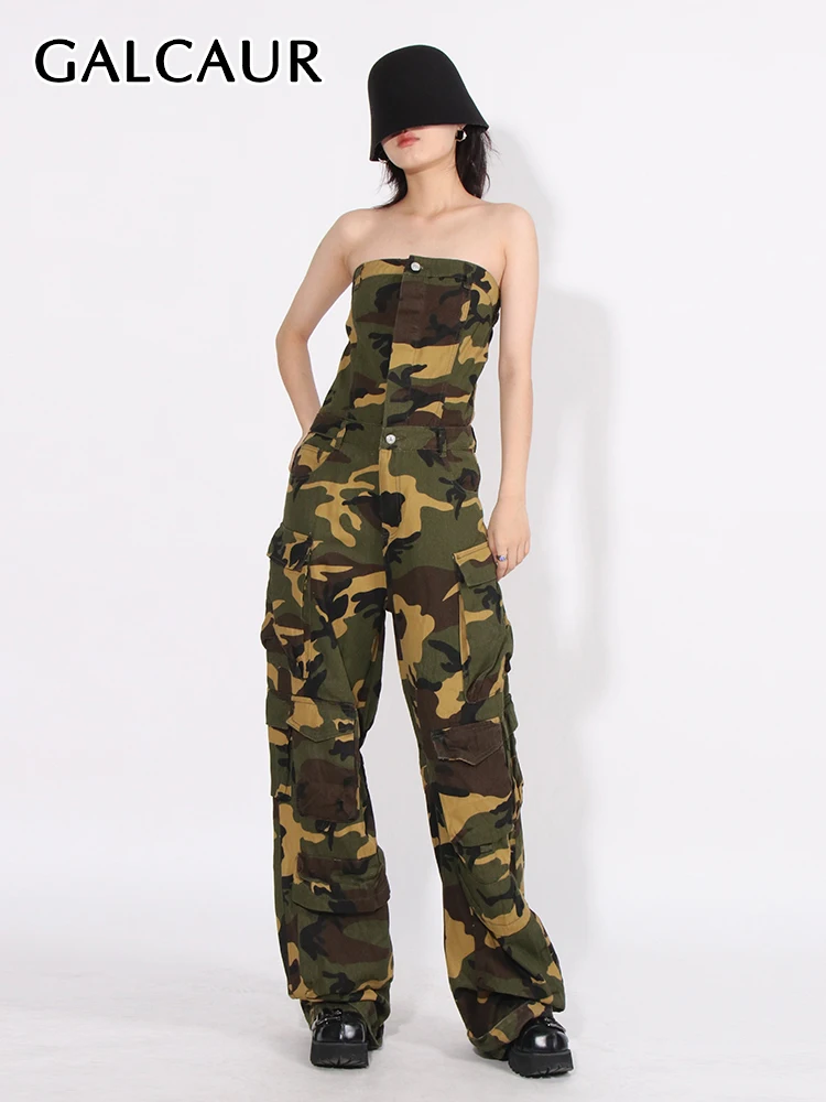 

GALCAUR Vintage Colorblock Jumpsuits For Women Strapless Sleeveless Off Shoulder Streetwear Camouflage Cargo Jumpsuits Female
