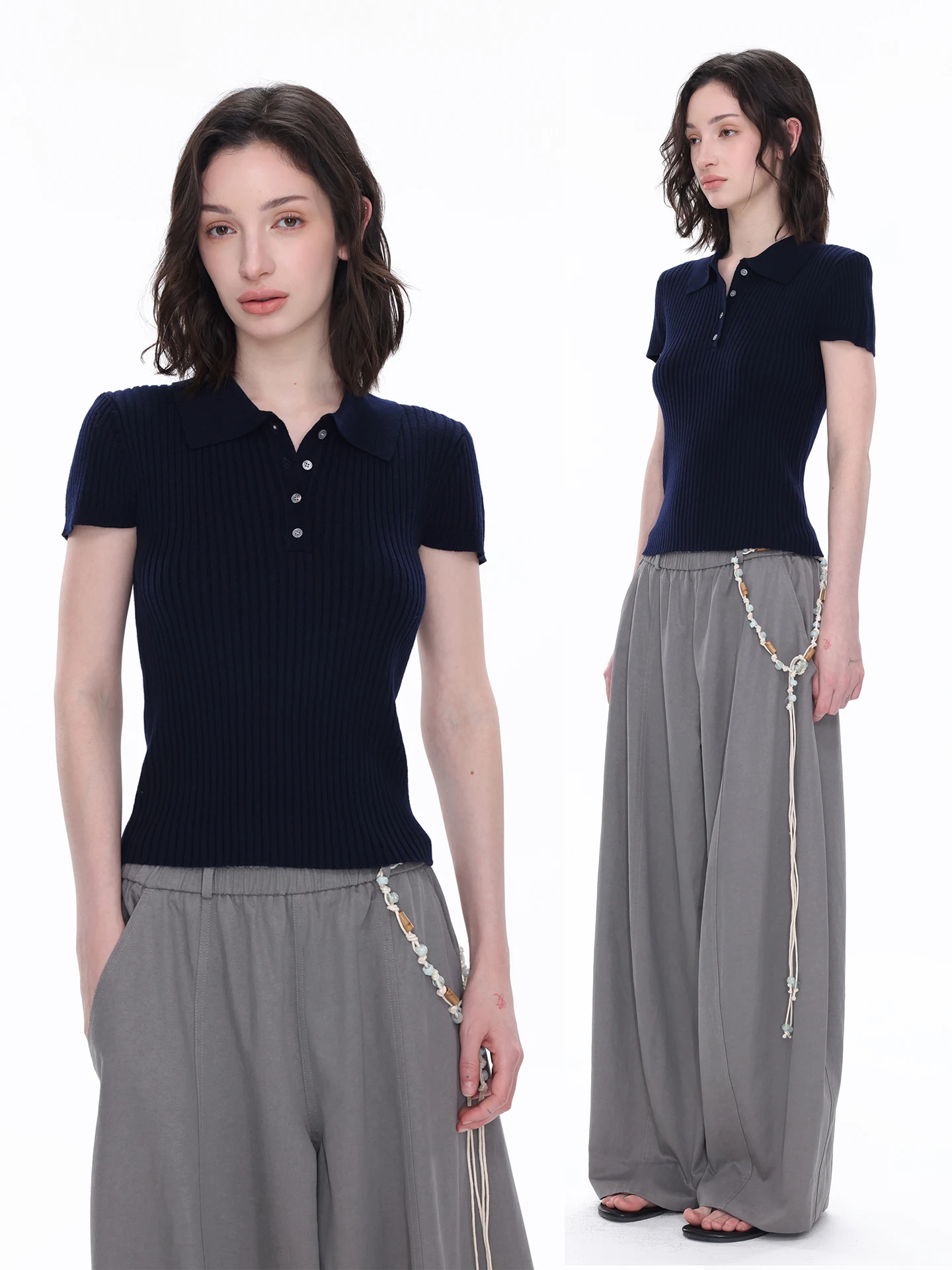 

Monroo Slimming Silk Neck Short Sleeve Women's Top Shoulder-Padding Casual Knitted Wear for Summer Trendy Style