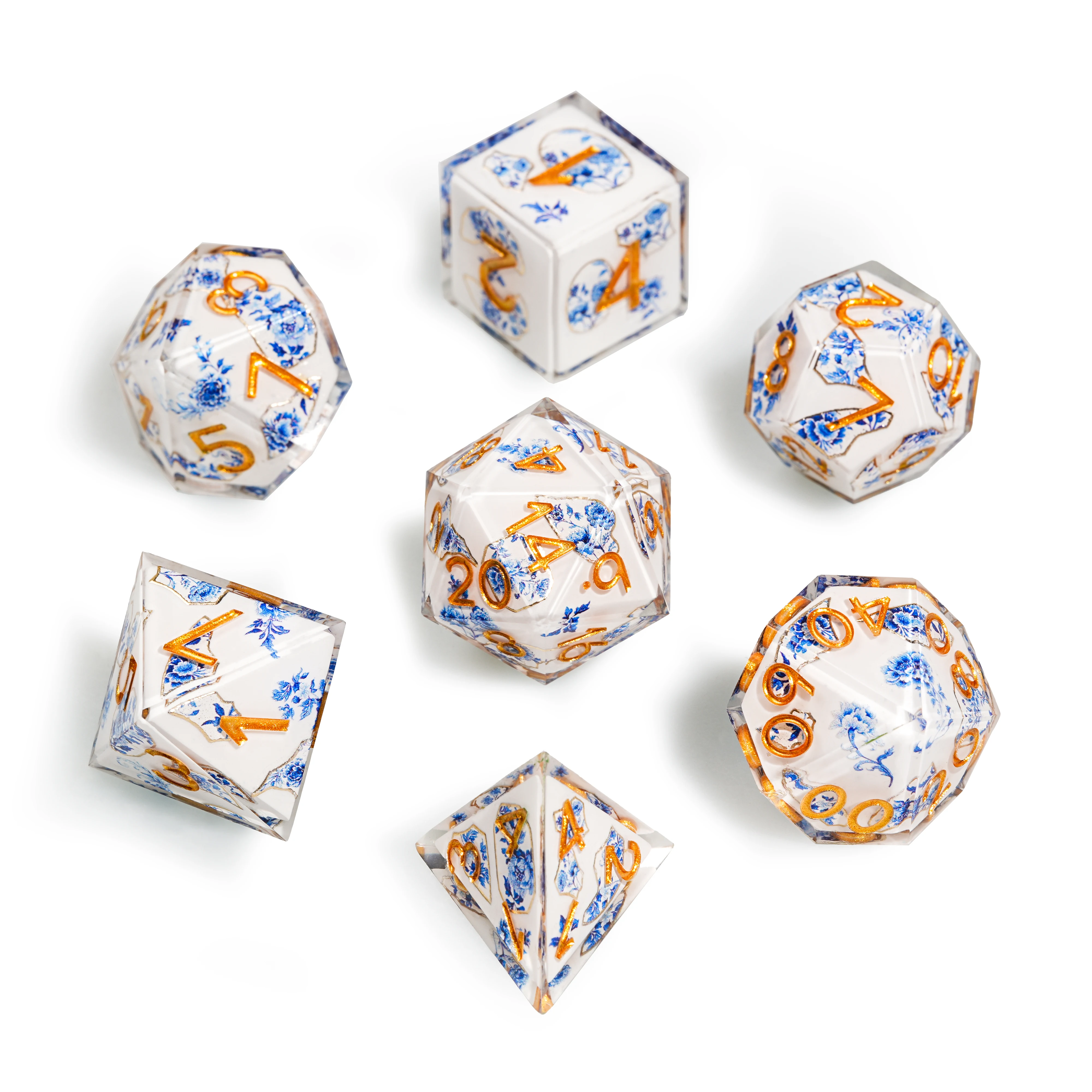 

1-7Pcs Celadon Flowers Resin Dice Set Multi-sided Polyhedral Dice for D&D Game COC Role Playing RPG Table D6~D20
