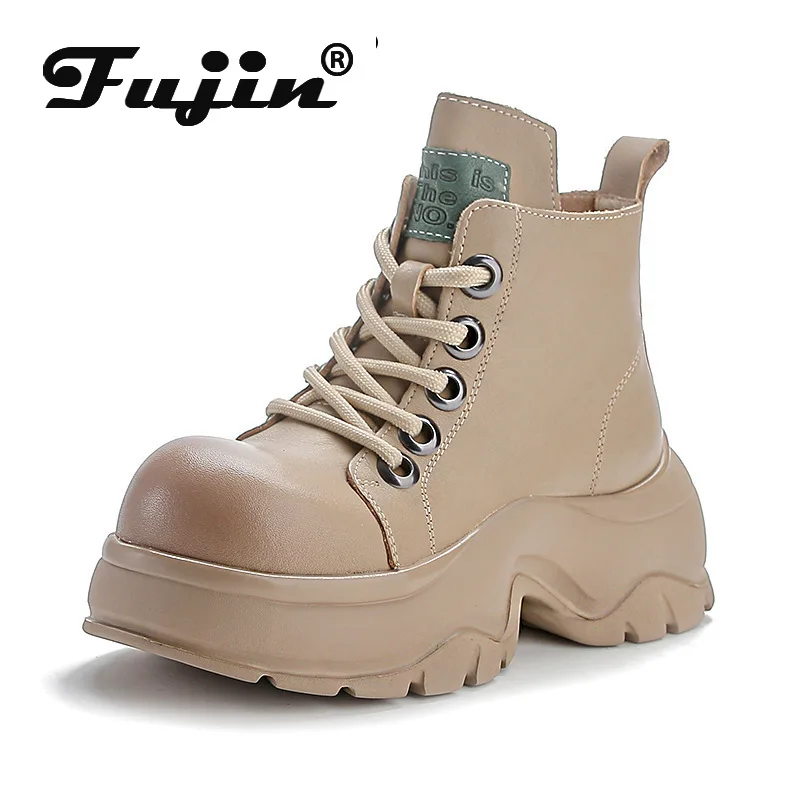 

Fujin 7cm Cow Natural Genuine Leather Wedge Ankle Vintage ZIP Shoes Retro Women Boots Platform Moccasins Autumn Spring British