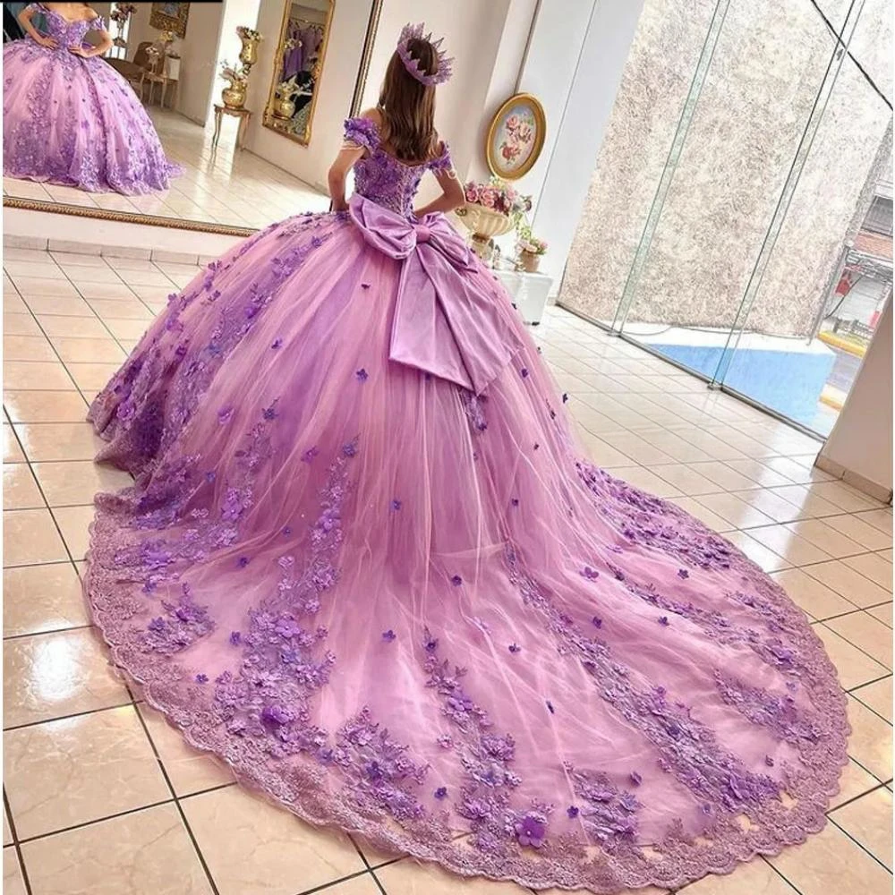 Roxo fora do ombro quinceanrra vestidos de baile apliques requintados 3d flor princesa longo personalizado weet 16 vestido vestidos