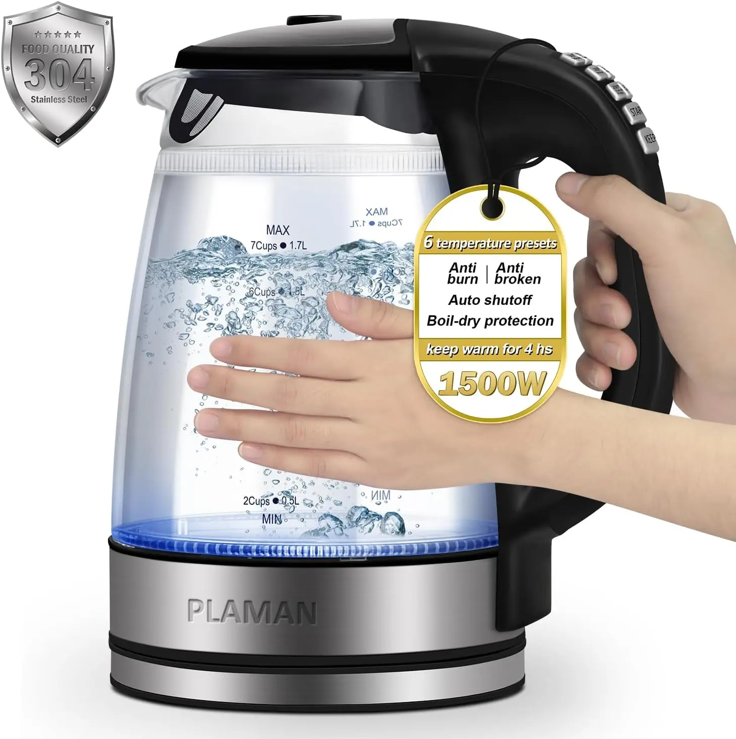 

1500W Electric Kettle with 6 Temp Presets, Double Wall Cool-Touch, 1.7L Borosilicate Glass, Fast Boil
