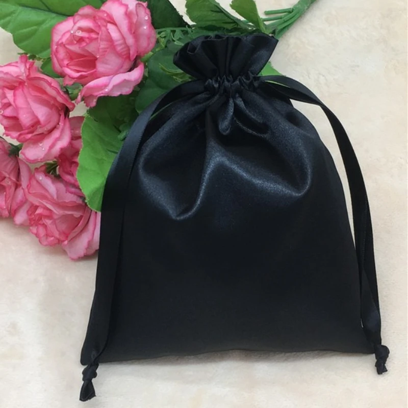 Black Satin Gift Bags Silk Drawstring Packaging Pouch Hair Jewelry Clothes Shoes Home Storage Dustproof Sachet Print Logo 20pcs