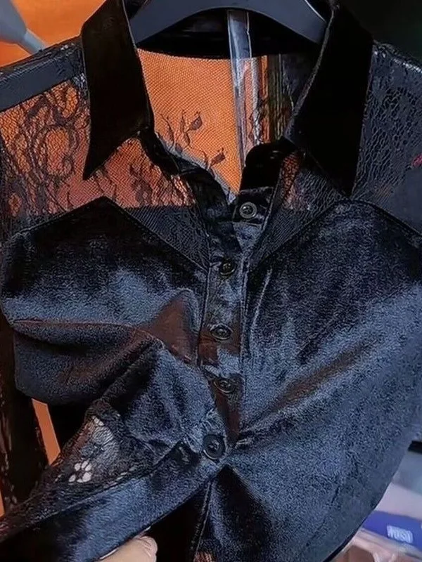 

Сексуальный женский базовый топ с кружевными вставками и бархатным дизайном, модный, омолаживающий, для повседневной носки, приталенный, с длинными рукавами и воротником