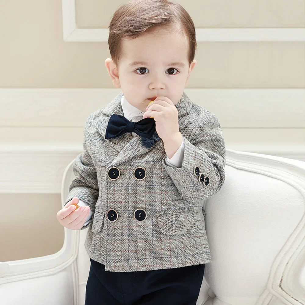 1-4Y Children Formal Plaid Suit Set Boys Wedding Birthday Party Performance Photography Costume Kids Blazer Pants Bowtie Clothes