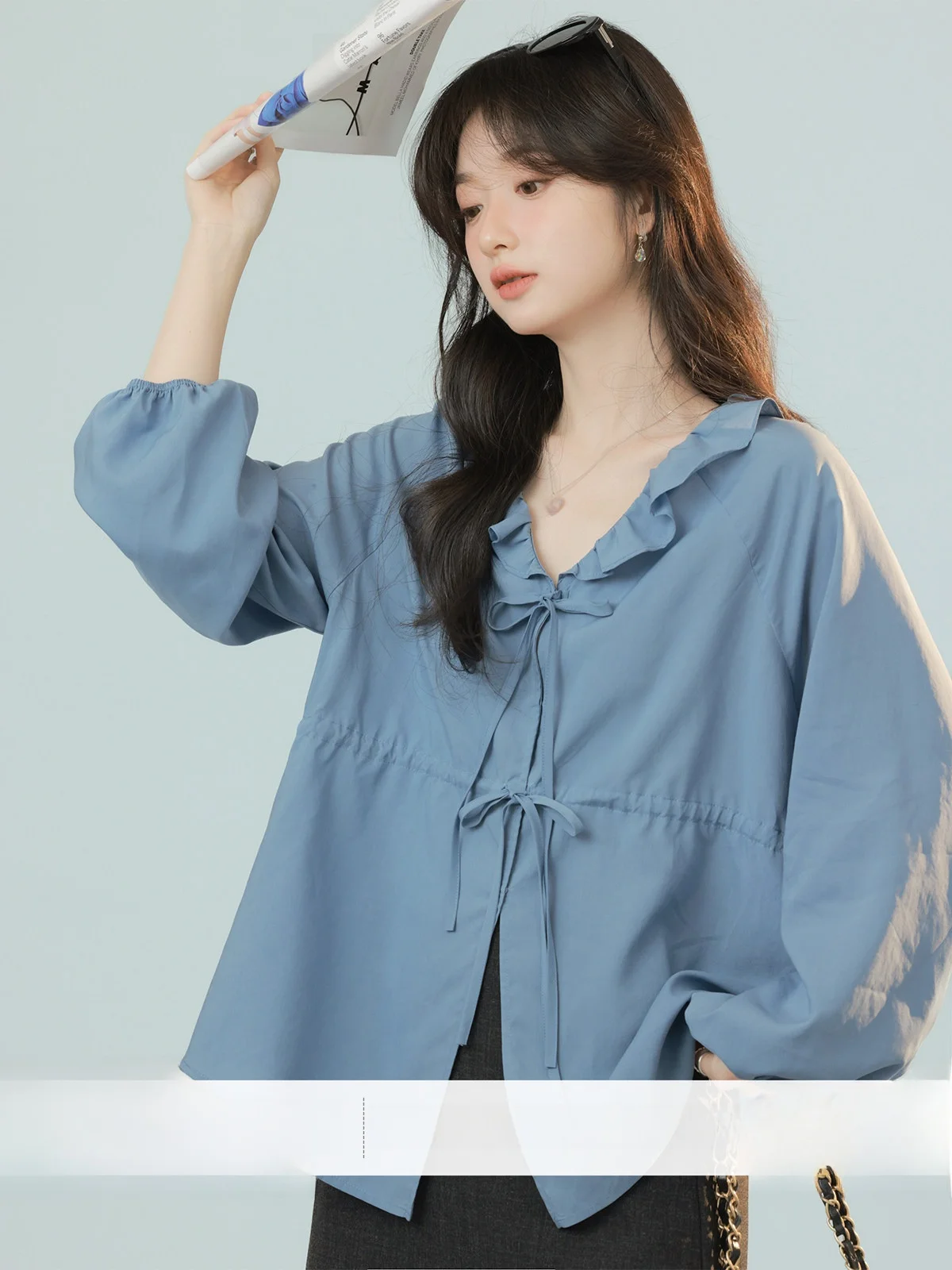 

Miss Squirrel Afternoon Tea Melody Gentle Wood Grain Ruffle Sleeve Women's Shirt Spring Long Sleeve Top French Style Loose Fit