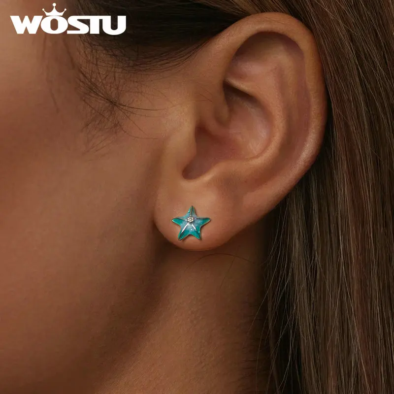 WOSTU 925 Sterling Silver Mini Blue Green Starfish Stud Earrings For Women Ocean Jewelry Studs Earring Girl Birthday Party Gift