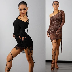 New Leopard Latin Dance Dress Women Slant Shoulder Long Sleeves Dress Rumba Performance Dancewear Sexy Tango Costume DNV17371