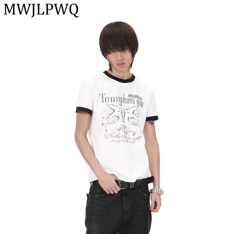 

MWJLPWQ Contrast Brushed Cotton Patchwork Ribbed Rhinestone T-shirts Male Regular Shoulder Round Collar Unisex Tops Summer 14542