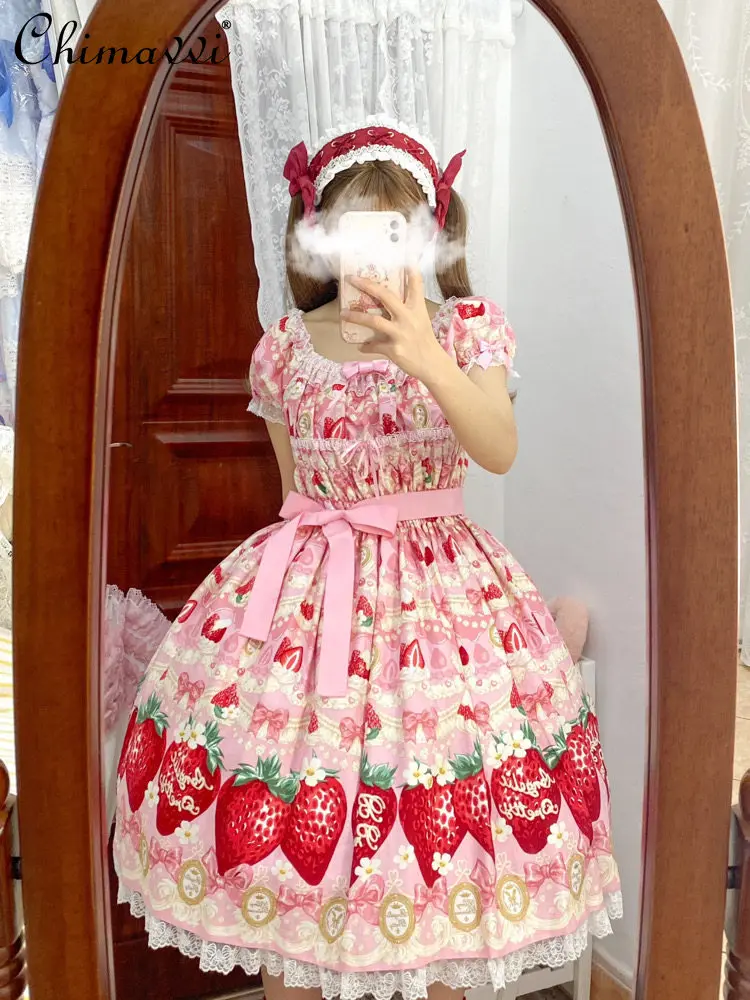 

2026 Spring and Summer New Sweet Strawberry Print Lolita Jsk Dress Cute Girls Lace Bow Elegant Princess Suspender Dresses Women