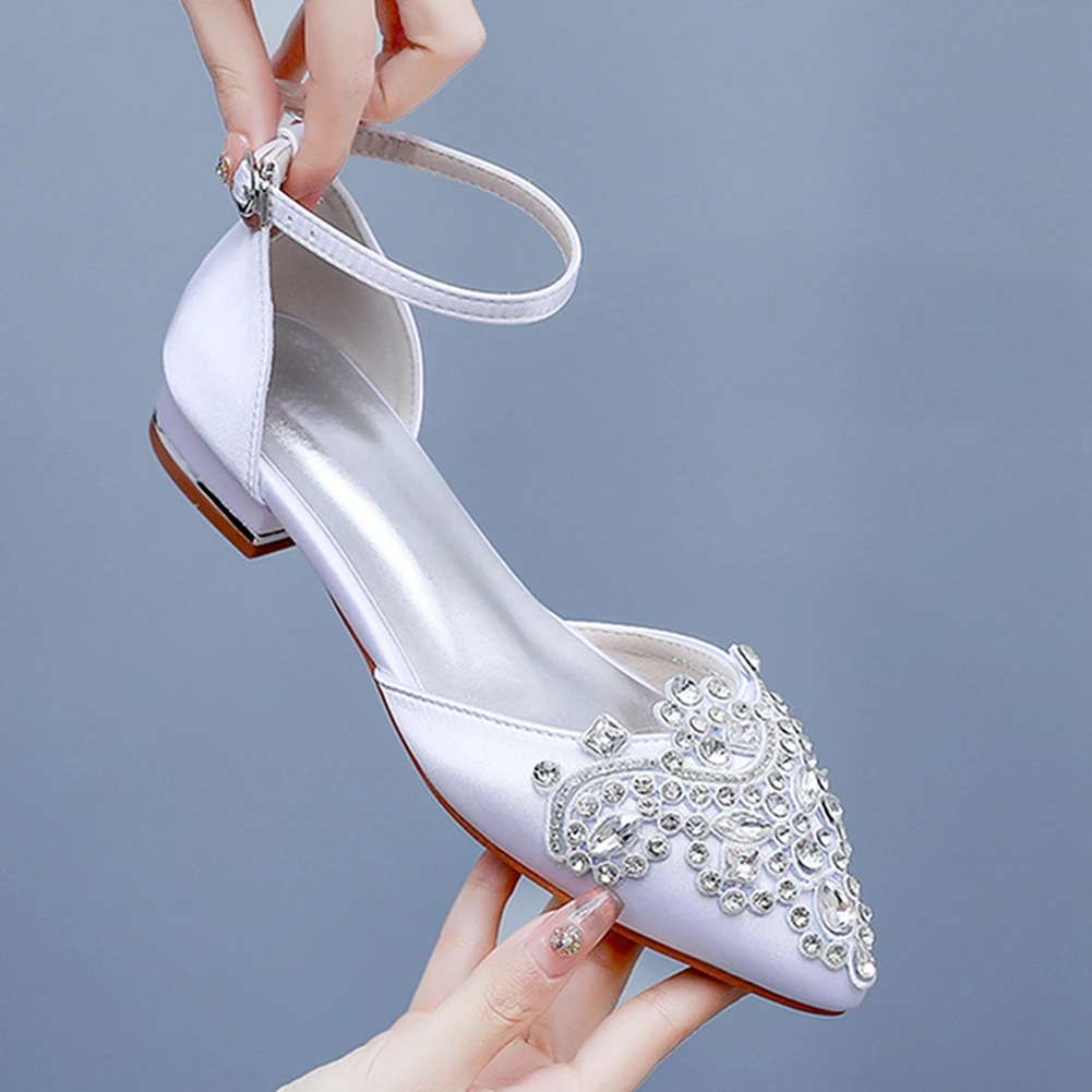 Crystal Queen Elegant Ladies Bridal Wedding Casual Party Shoes Rhinestone Satin Flat Wedding High Heels Sandals