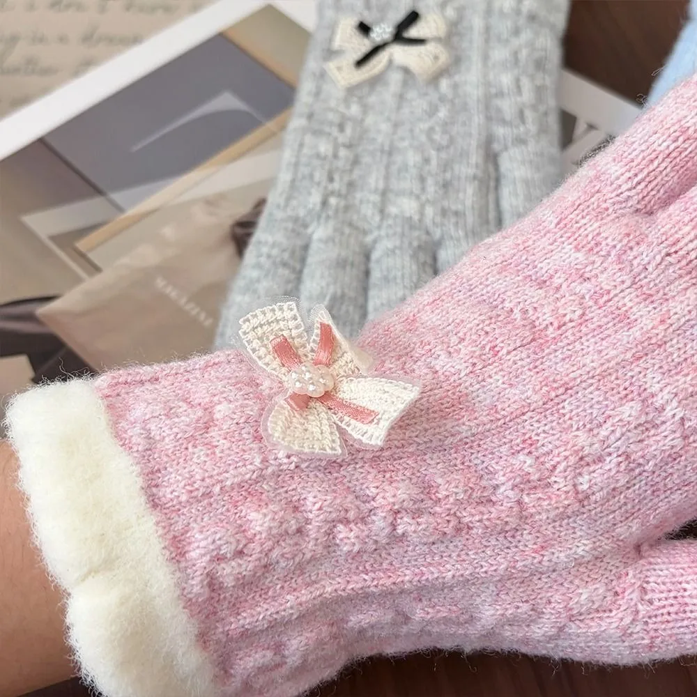 Fleece Lined Full Finger Cable Knitted Gloves Faux Alpaca Bow Decoration Thick Winter Gloves Warm One Tip Touch Screen Gloves
