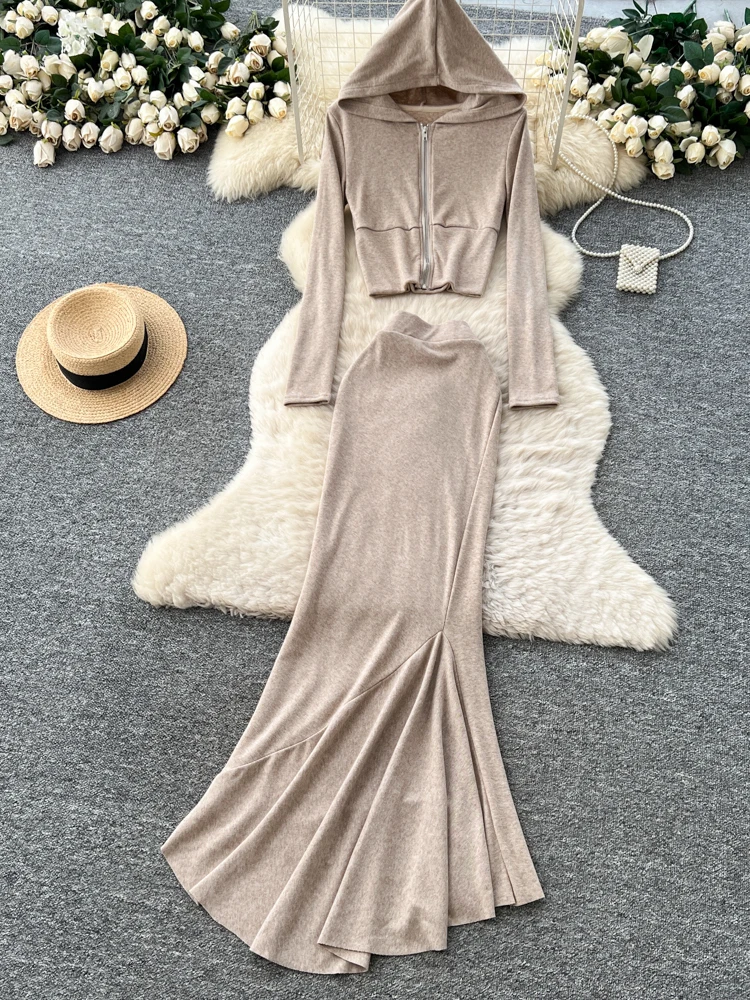 

Korean Sle Loose Fit Casual ort Hoodie Jaet High Waist Asymmetrical Skirt Women's Faion Set Autumn Wear