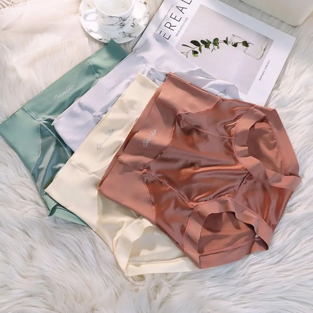 

Japanese Breathable Traceless Silk High Waist Lingeries Plus Size Briefs Korean Underwear Women Panties Satin
