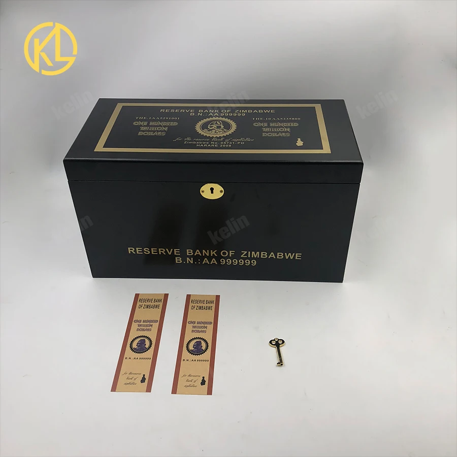 1000pcs/lot Plastic Gold Foil Zimbabwe Banknotes with black wooden box 100  YOTTALILLION Commemorative Banknotes for Gifts