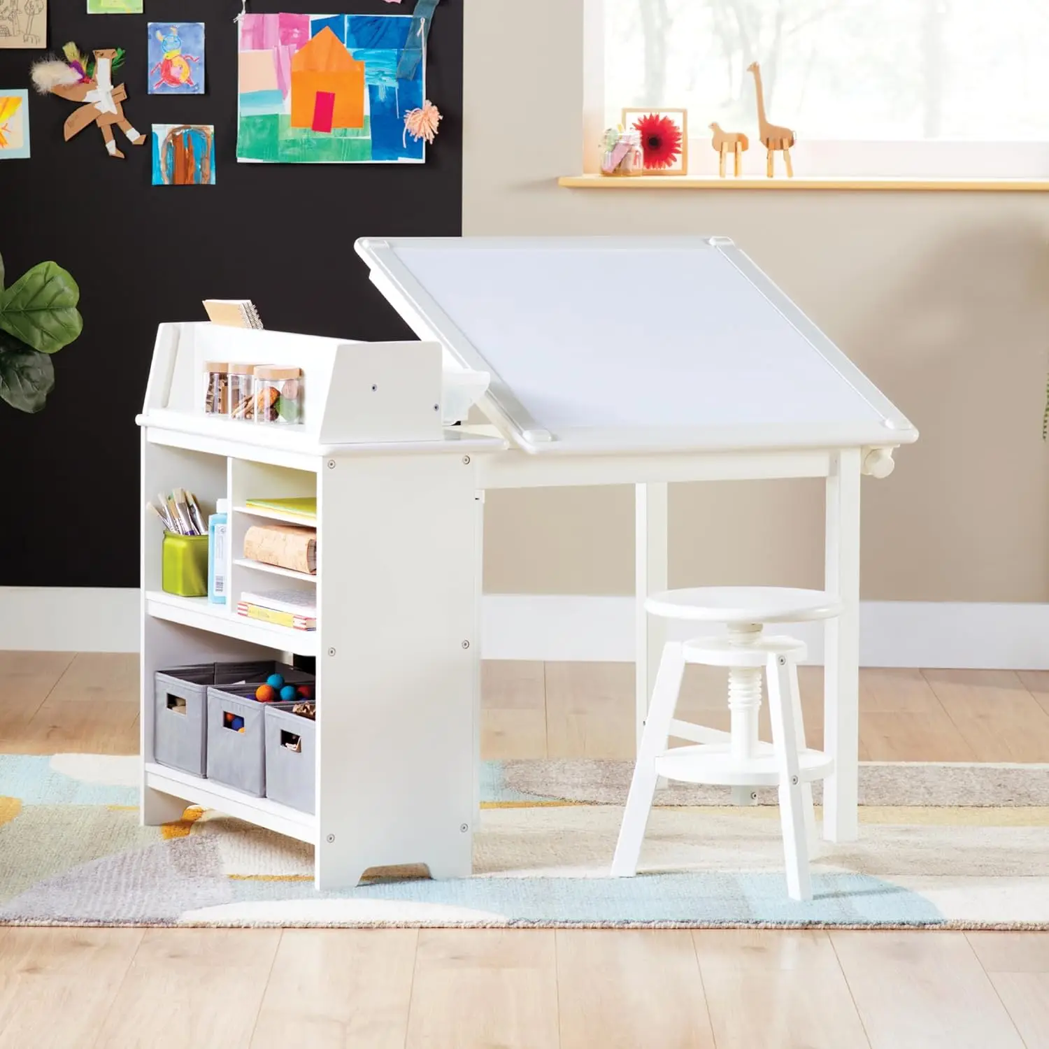 

Design Studio – White: 3-in-1 Kids Art Table & Stool Set, Writing, Crafting, Painting & Drafting Table for Kids with Craft Stora