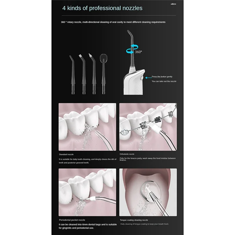 A66T-Oral Irrigator USB Rechargeable Water Flosser Portable Water Jet 330ML Water Tank Waterproof Teeth Cleaner