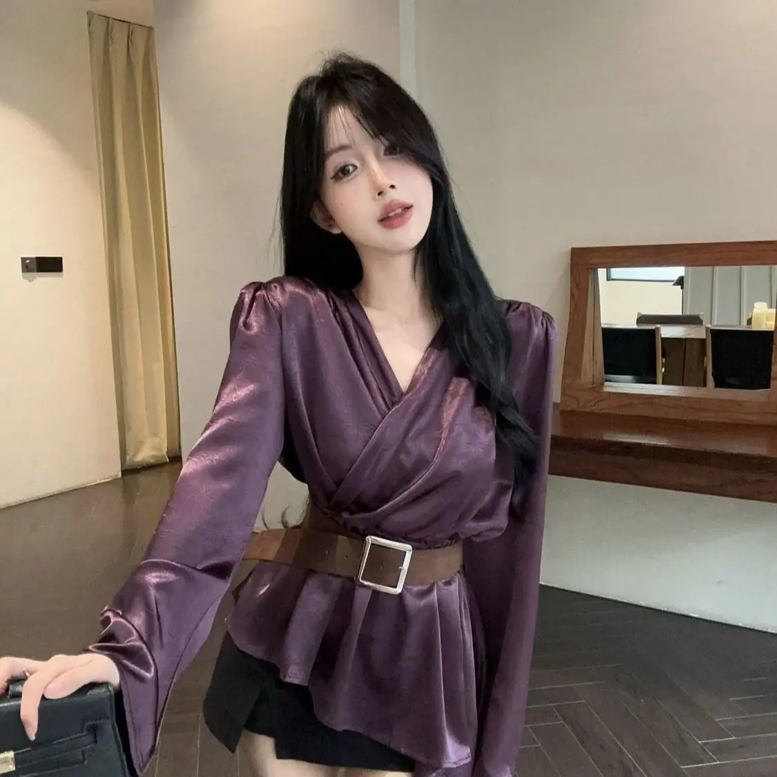 

Ele Satin irt Women's Slim Fit Long Sve V-Ne Belted Waist Slimming Top Korean Sle Commute Faion Autumn Winter