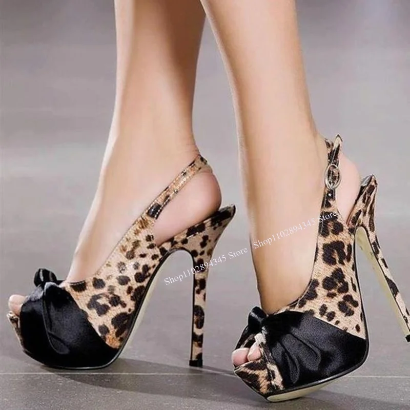 Leopard Bow Knot Buckle Pumps Thin High Heel Peep Toe Cool Fashionable Sexy Winter Big Size Woman Shoes Zapatillas Mujer