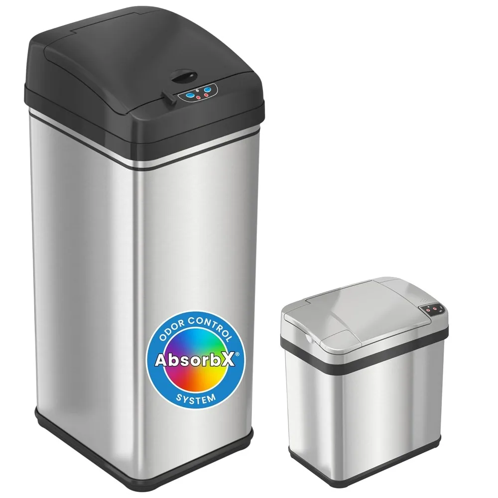 

13 Gallon and 2.5 Gal Sensor Kitchen Trash Can with Lid and Bathroom Trashcan Combo Set, Stainless Steel Garbage Recycling Bins
