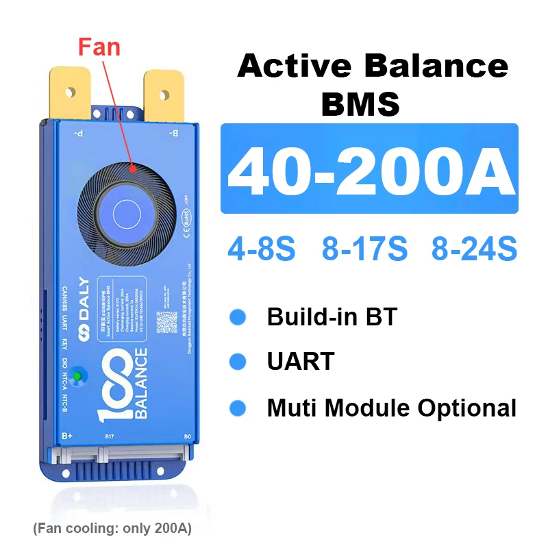 

Smart Active Balance BMS Lithium Battery BT UART 4-8S 8-17S 8-24S 40A 60A 80A 100A 150A 200A 12V-96V LiFePo4 Li-ion LTO Fan Cool