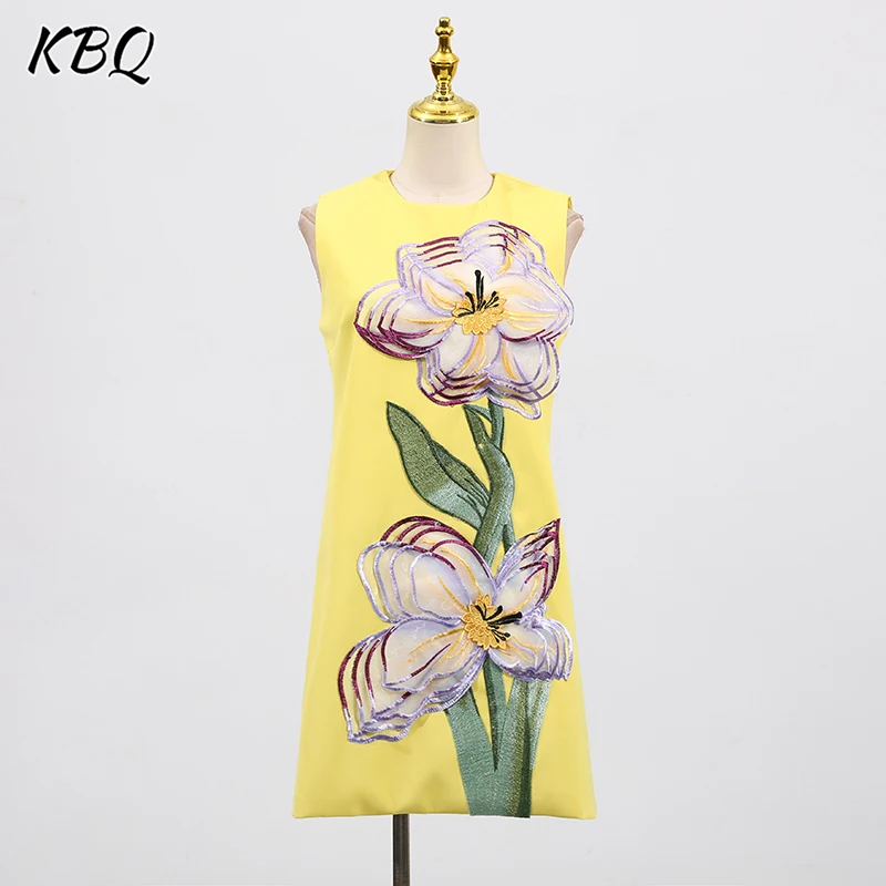 Kbq elegante emendado apliques vestido curto para mulheres em torno do pescoço sem mangas temperamento vestidos retos moda feminina novo verão