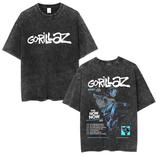 Camisetas con estampado de banda de Rock Vintage lavada Gorillaz The Now Now Album, ropa para hombres y mujeres, camisetas de cuello redondo de gran tamaño Punk de Hip Hop