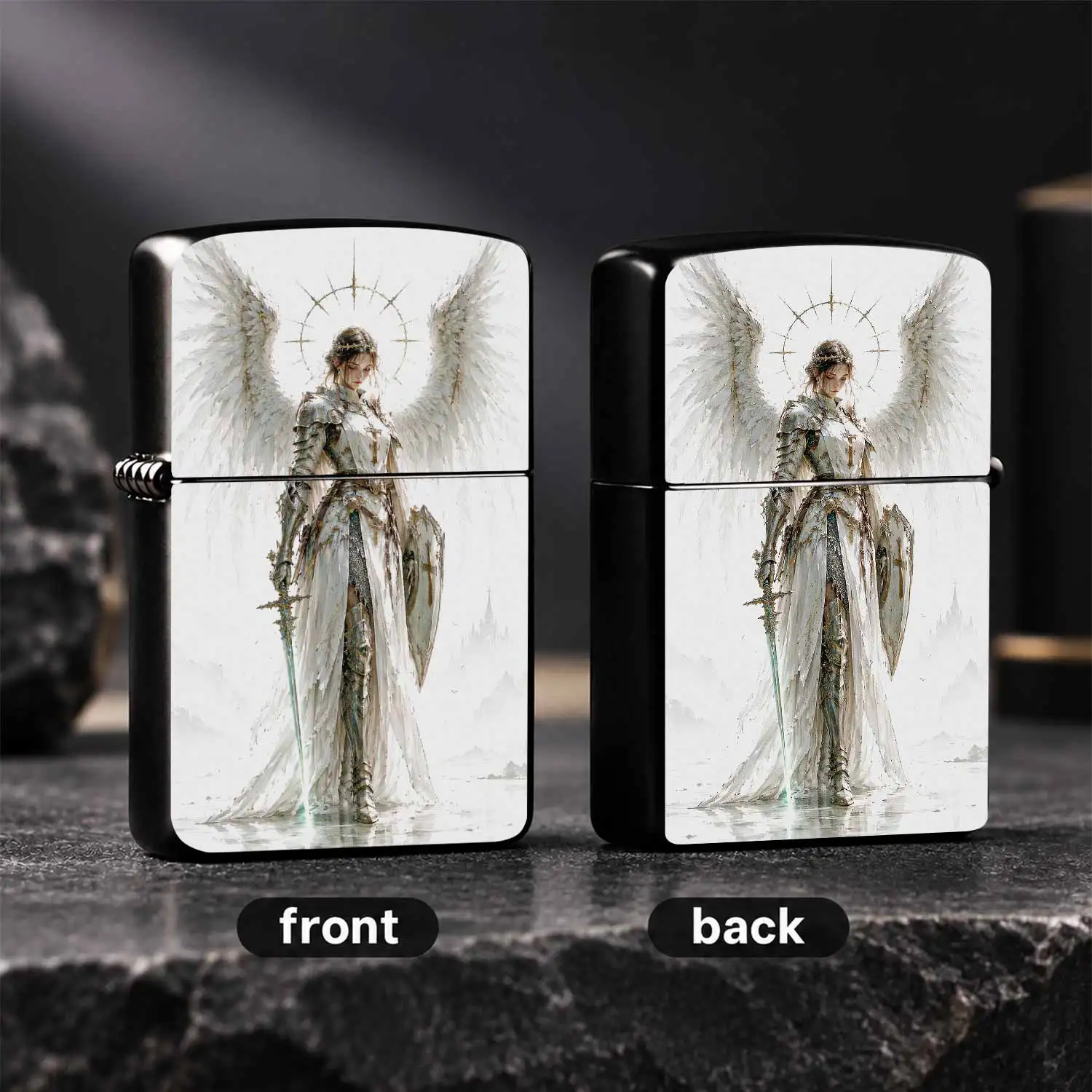 Vintage Lighter Holy Light Female Angel Knight Pattern DOUBLE Side Printed Exquisite Collectible PORTABLE Windproof Inflatable Lighter for Outdoor Camping Daily Use Unique Gift for Men Family Artistic Desktop Decor Souvenir A Fun and Humo