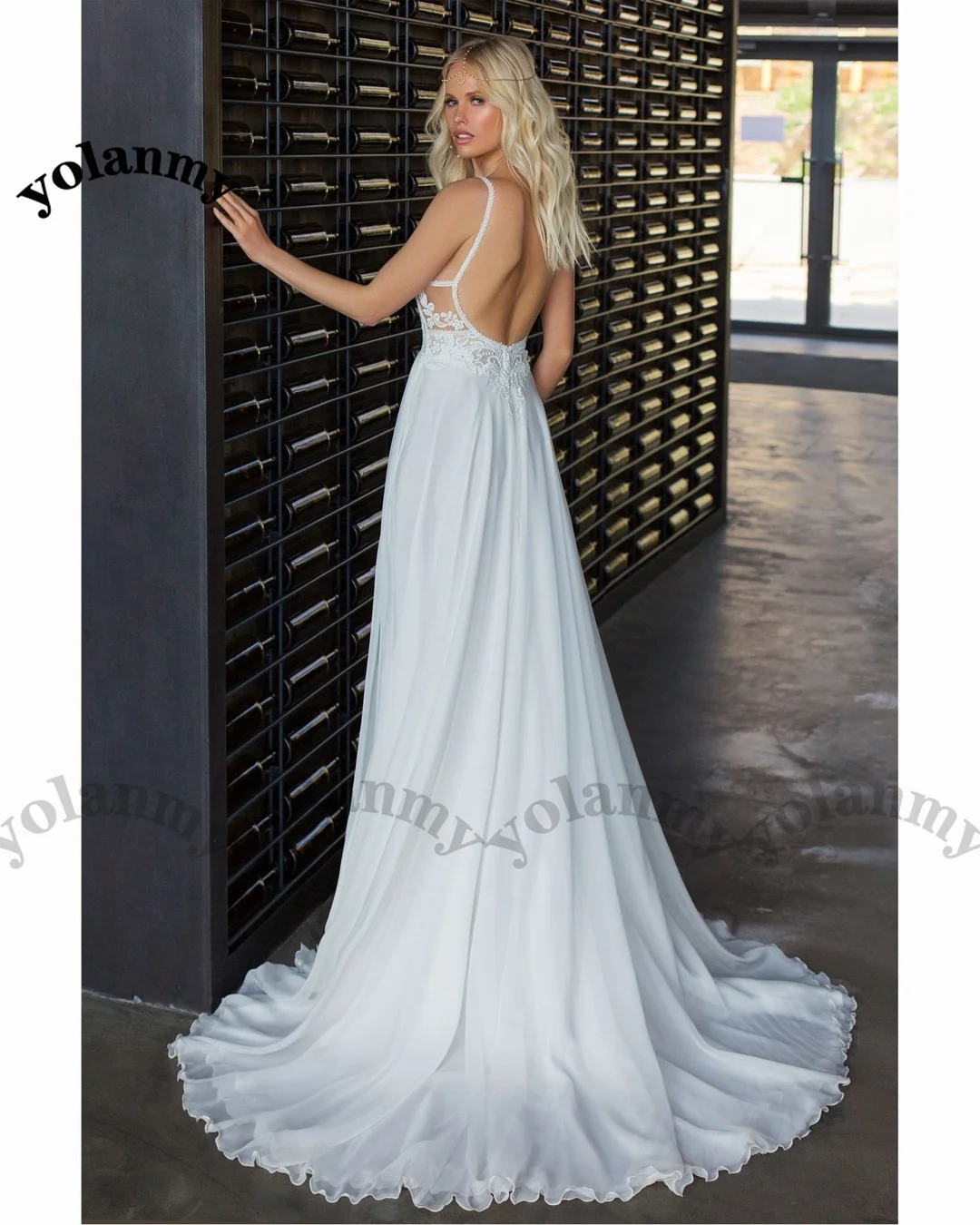 YOLANMY Stylish Backless Wedding Dresses for Women Appliques with Slit A-Line Chiffon Vestidos De Casamento Customized