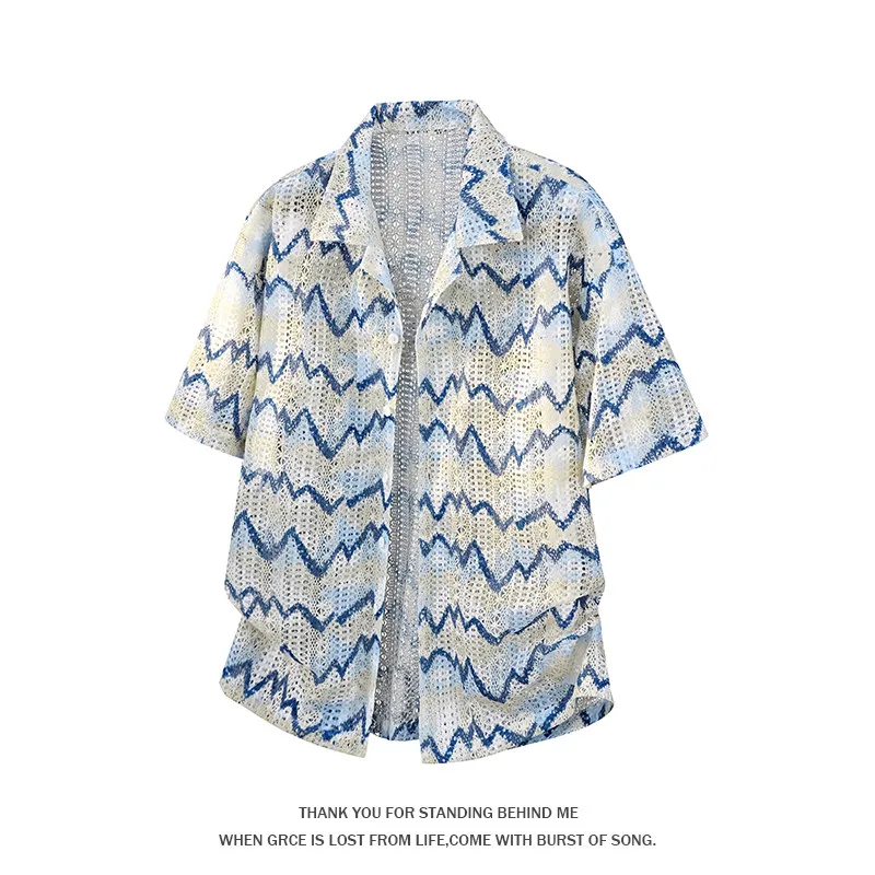 Hawaii Wave Pattern Short Sleeve Men's Shirt Summer Large Size Color Block Cuban Collar Hollow out Breathable Casual Shirt