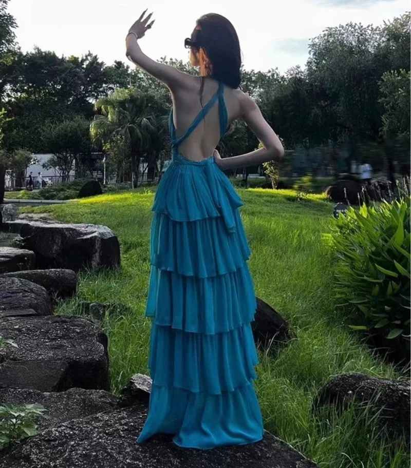 Azul com decote em v sexy vestido de festa feminino sem costas cruz sem mangas em camadas babados vestidos bodycon streetwear férias roupas