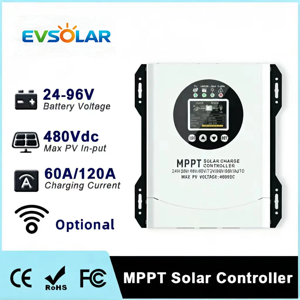 EVSOLAR 60A 120A MPPT Solar Charge Controller 12V24V36V48V60V72V84V96V Battery System Auto Work Max PV Input 480V WiFi Optional
