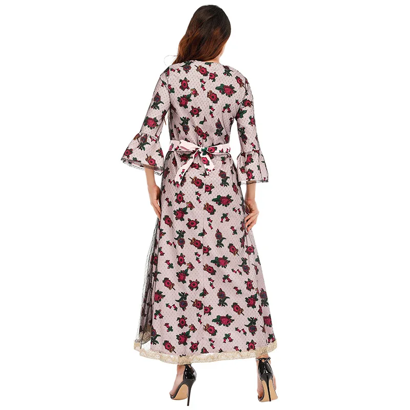 Muslim Fashion Abaya Dress Eid Malaysia Dubai  Muslim Women Printing Flower Fabric Classic Abaya Elegant Lace Dresses  Robe