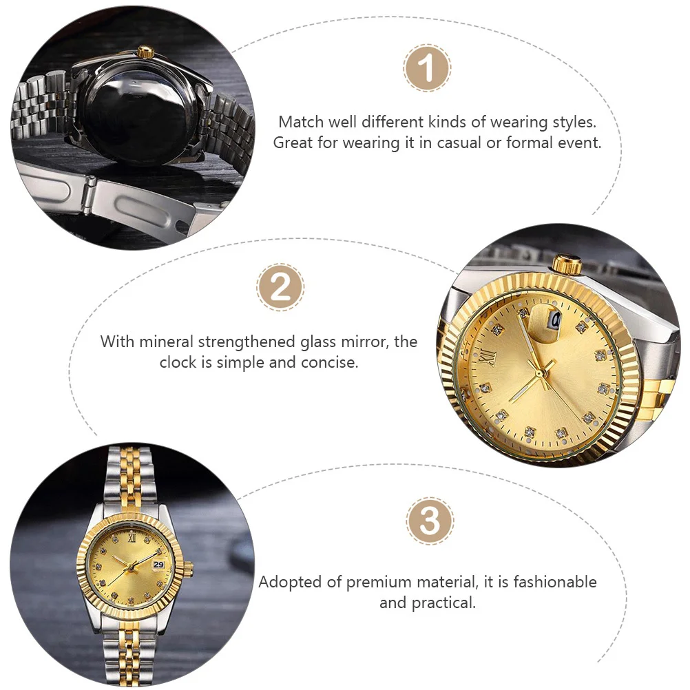 

2Pcs Night Watch Fashion Quartz Wristwatch Golden Unisex Durable Practical Mineral Glass Mirror Simple Design