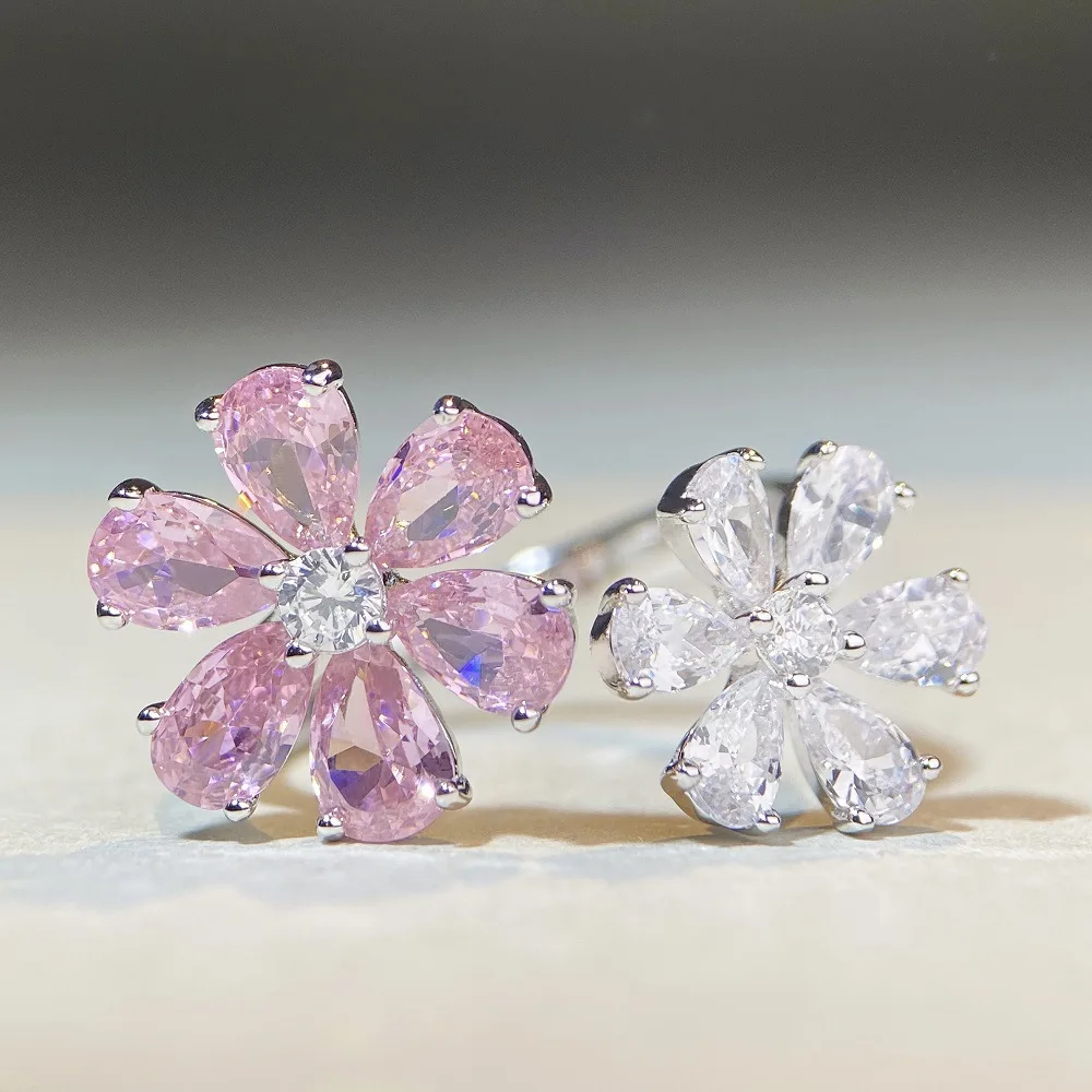 PT950 platinum ring with pink flower-shaped open setting and adjustable zirconia ring, row diamond ring, pink diamond ring