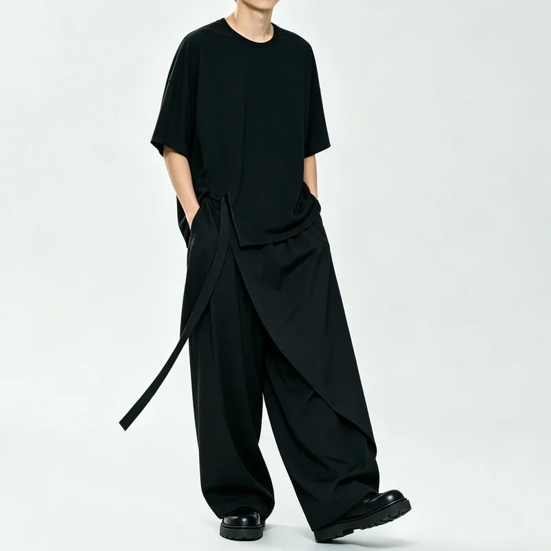Men'S Casual Pants, Unisex Wide-Leg Pants, Loose-Fitting, High-Waisted, With Drawstring, Skirt-Style Pants, Cropped Pants, A146